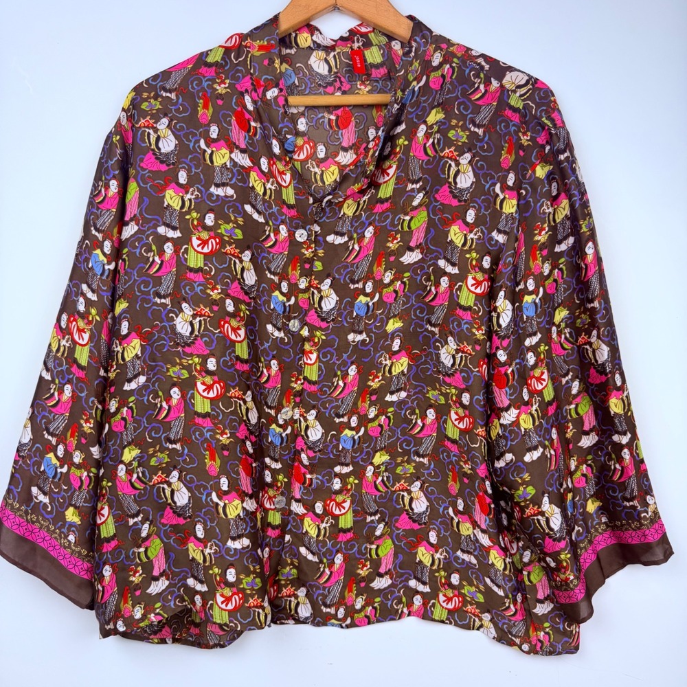 Josie Natori Brown Asian Novelty Print Kimono Sleeve Button Down Blouse M